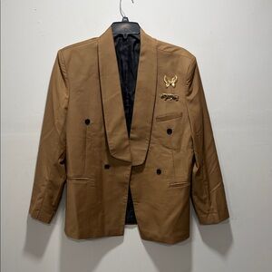 Brown Double-Breasted Blazer with Gold brooches